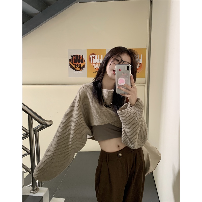 Kumikumi HUANG YOYO Áo sweater Dệt Kim Tay Dài Dáng Rộng Ngắn Phong Cách Hàn Quốc Thời Trang Mùa Thu Cho Nữ