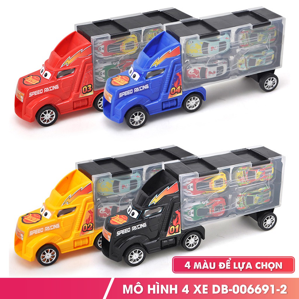 Bộ mô hình xe tải chứa 4 xe đua hợp kim 6691 cho bé lứa tuổi 3+ xe hợp kim và nhựa ABS an toàn chắc chắn