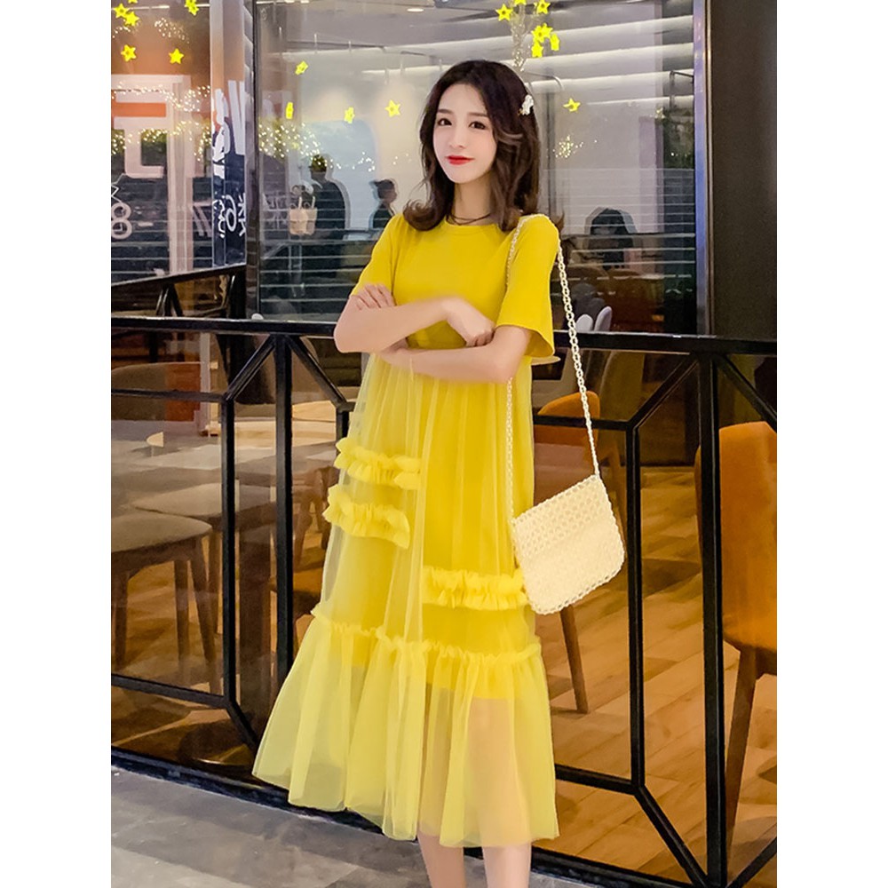 A334 Đầm bầu suông dáng dài bên ngoài phối ren lưới độc đáo thời trang phiên bán Hàn Quốc 2019
