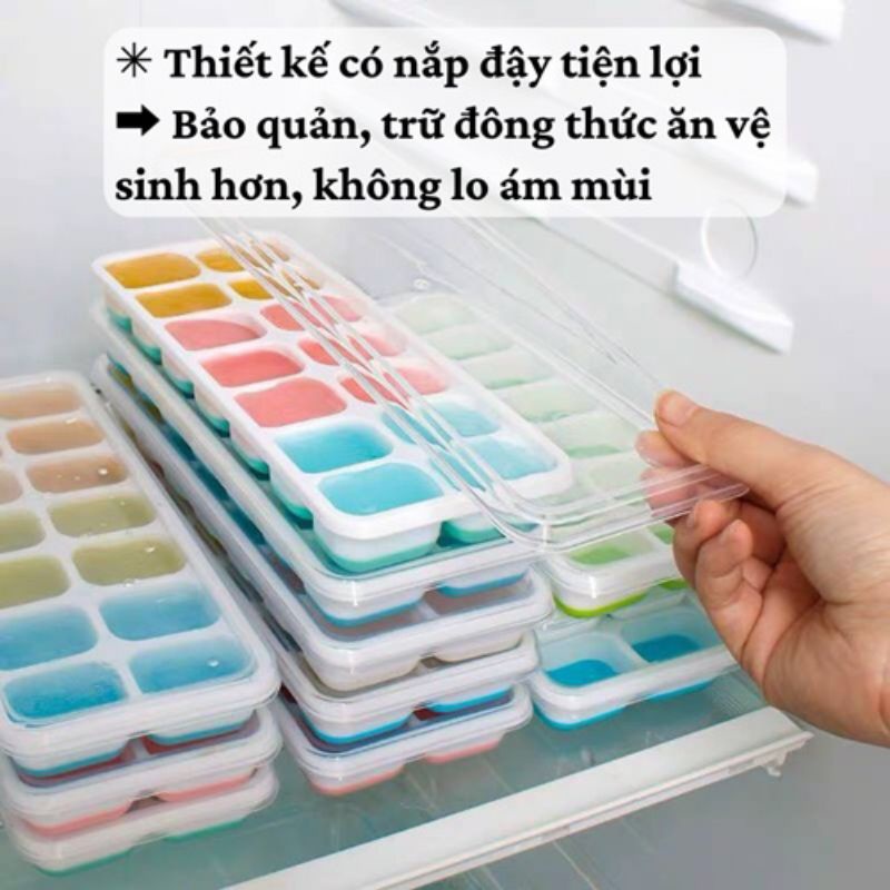 Khay Làm Đá Silicon 14 Ô Có Nắp Dễ Dàng Lấy Đá