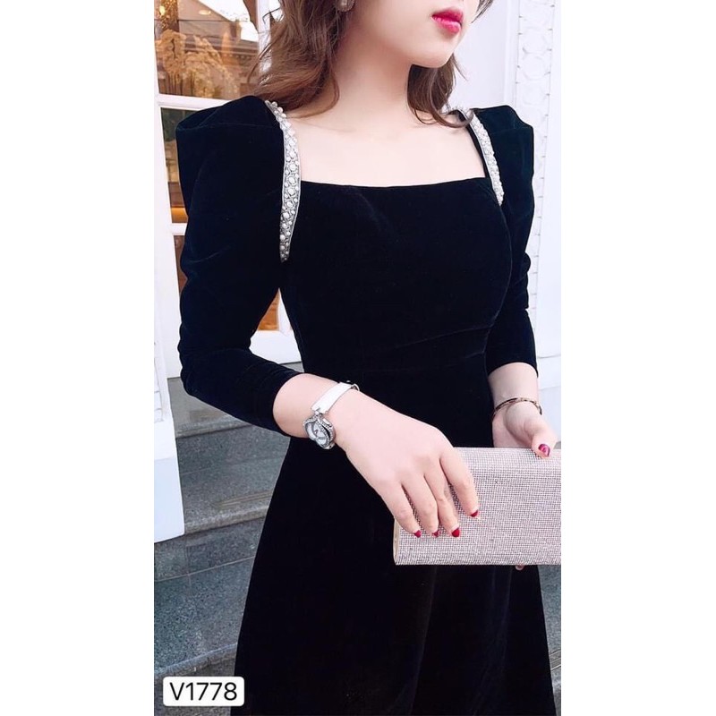 Váy Nhung Chữ A Viền Ngọc Tiểu Thư
