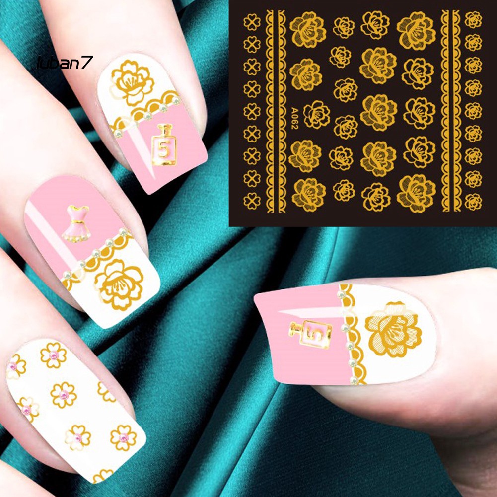 LB☺10 Sheets Shinny Golden Tone Nail Art Tip Stickers Flower Leaf Manicure Decals