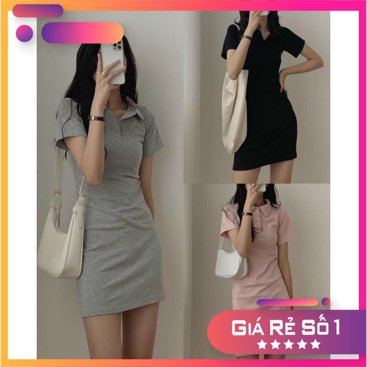 [SIÊU HOT] Váy Polo Trơn  Nữ 🌸 Đầm Cổ Sơ Mi Dáng Ôm Body, Thun Cộc Tay Màu ĐEN | HỒNG | XÁM Ulzzang