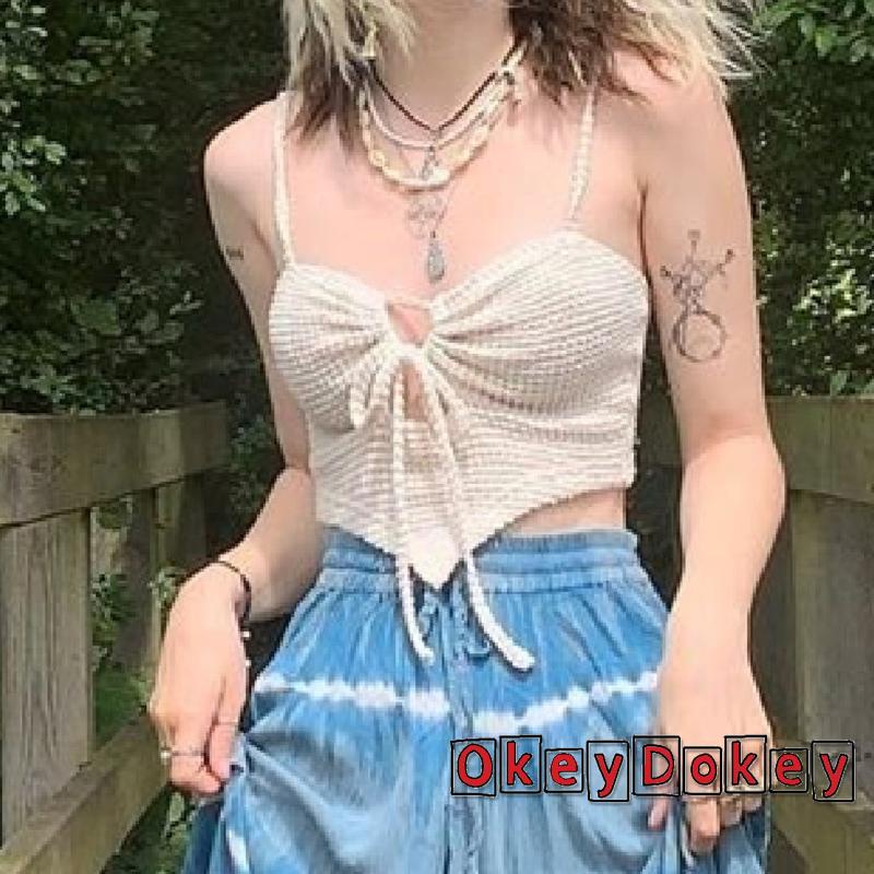 Áo Hai Dây Dệt Kim Hở Bụng Phối Nút Thời Trang Mùa Hè Cho Nữ