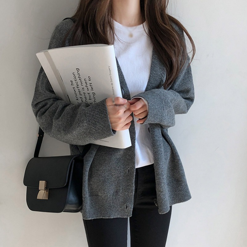 Áo khoác cardigan dệt kim dài tay cổ chữ v màu trơn đơn giản phong cách Hàn Quốc thời trang