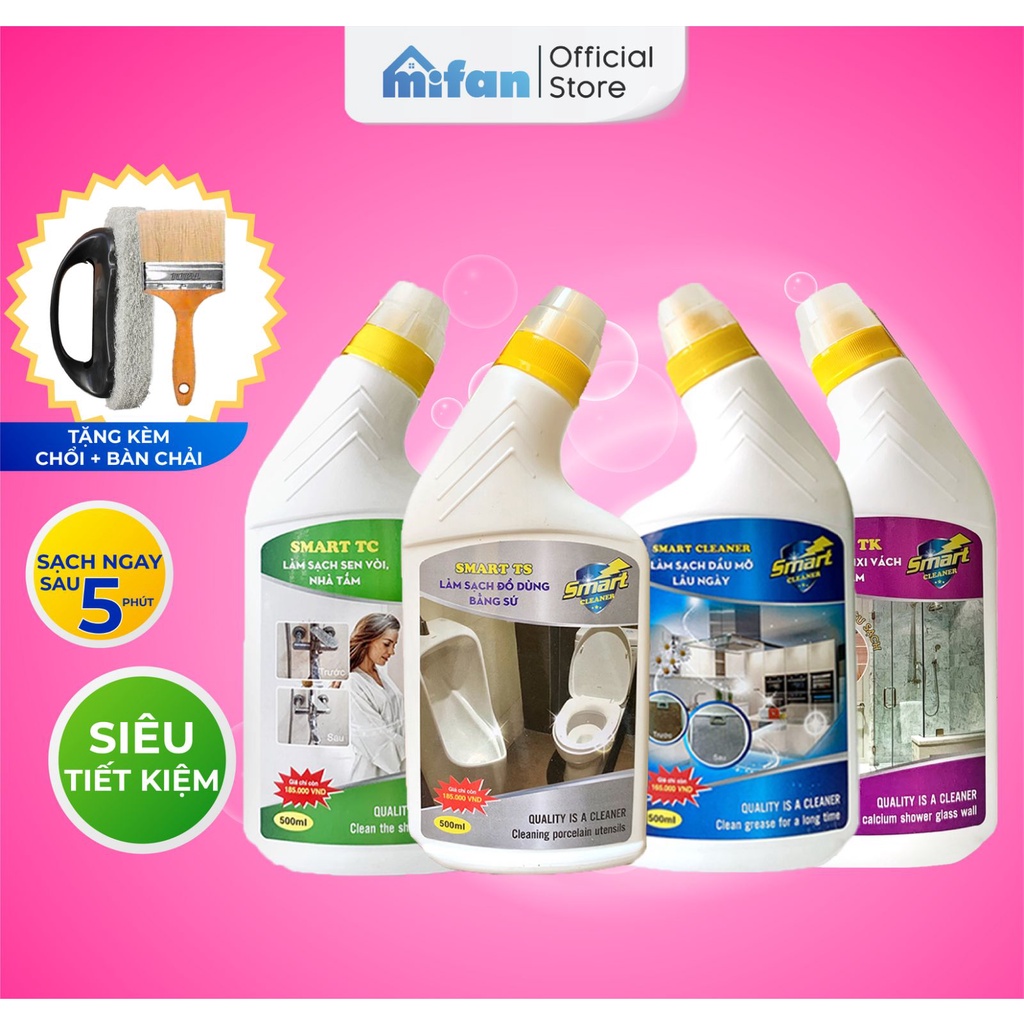 Combo Nước Tẩy Rửa SMART 500ml - Tẩy Sạch Cặn Canxi Vách Kính, Dầu Mỡ Lâu Ngày, Sen Vòi Inox, Đồ Dùng Bằng Sứ