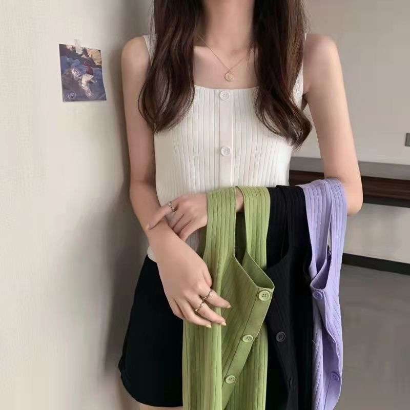 Áo Dệt Kim Không Tay Cổ Vuông Màu Đen Thời Trang Cho Nữ