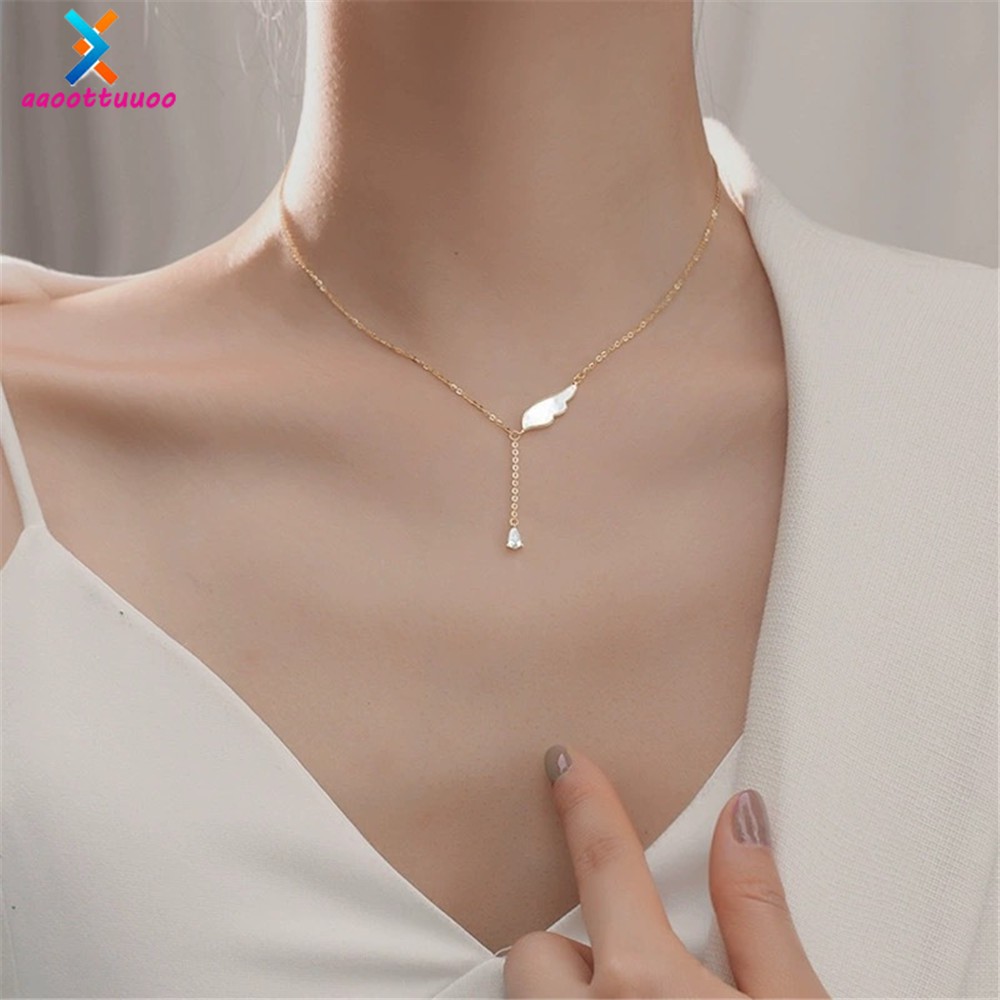 Vòng cổ Mặt Đôi Cánh Đính Đá Sang Trọng Phong Cách Hàn Quốc Dành Cho Nữ