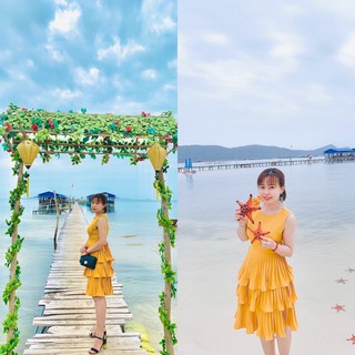 Đầm vàng tầng xếp ly