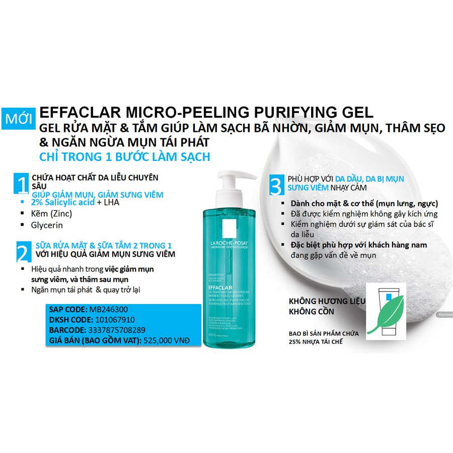 [TEM CTY] La Roche Posay Effaclar Micro Peeling Purifying Gel 400mL - Gel Rửa Mặt & Tắm Làm Sạch Bã Nhờn, Giảm Thâm Sẹo | BigBuy360 - bigbuy360.vn