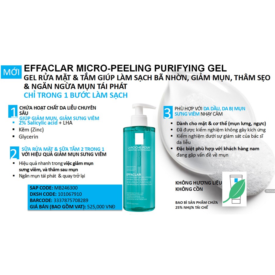 [TEM CTY] La Roche Posay Effaclar Micro Peeling Purifying Gel 400mL - Gel Rửa Mặt & Tắm Làm Sạch Bã Nhờn, Giảm Thâm Sẹo