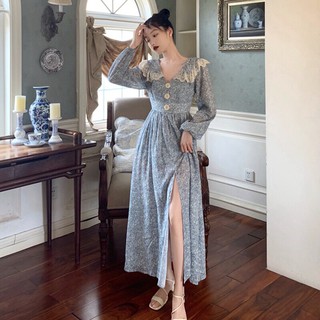 Váy maxi voan hoa nhí xẻ tà