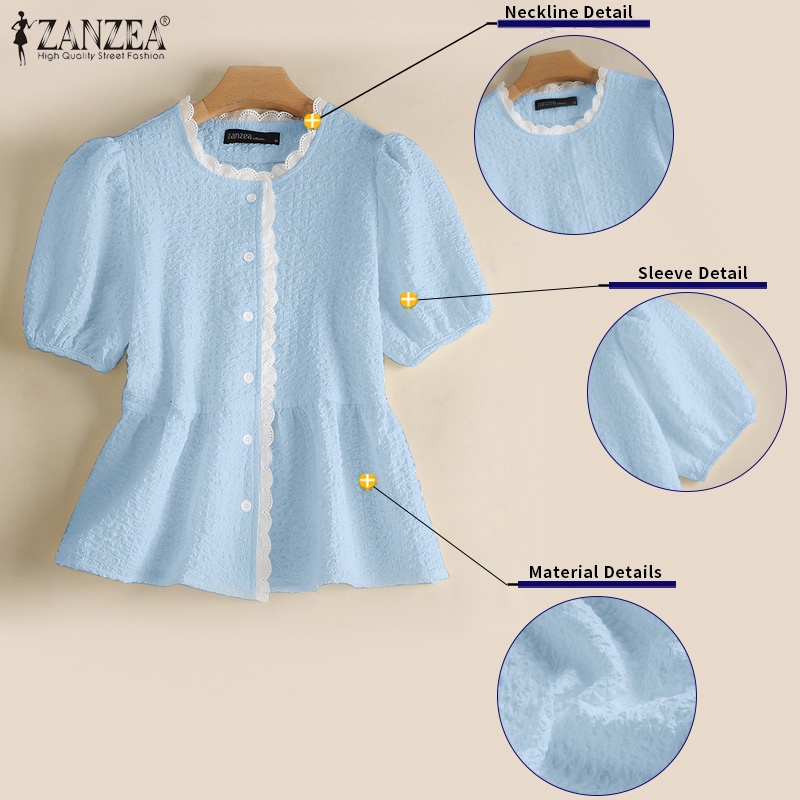 Áo peplum Zanzea tay phồng cổ tròn cài nút thời trang cho nữ