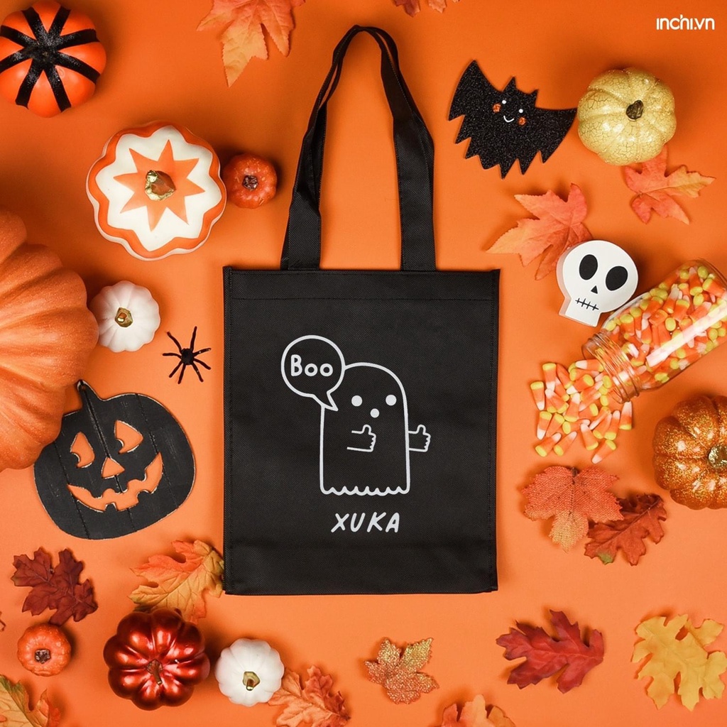 ( Có in theo yêu cầu, sll) Túi Tote Đen Khóa Vải Canvas In Họa Tiết Halloween Độc Đáo Thú Vị Có Túi Con