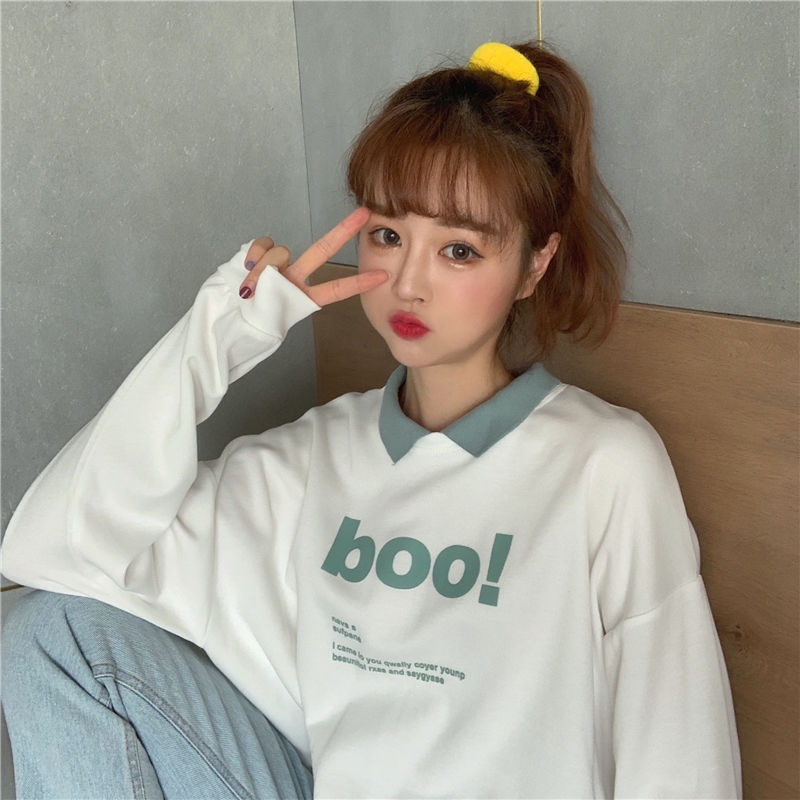 Women's Fleece-Lined Winter Sweater New Long-Sleeved T-shirt Student Korean Style Boyfriend Loose Short Insfashion Fake Two-Piece Top Clothes