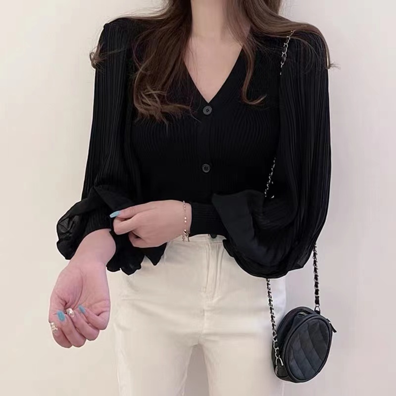 Áo kiểu Perty dệt kim tay dài cổ chữ V phong cách Hàn Quốc thời trang thu đông dành cho nữ