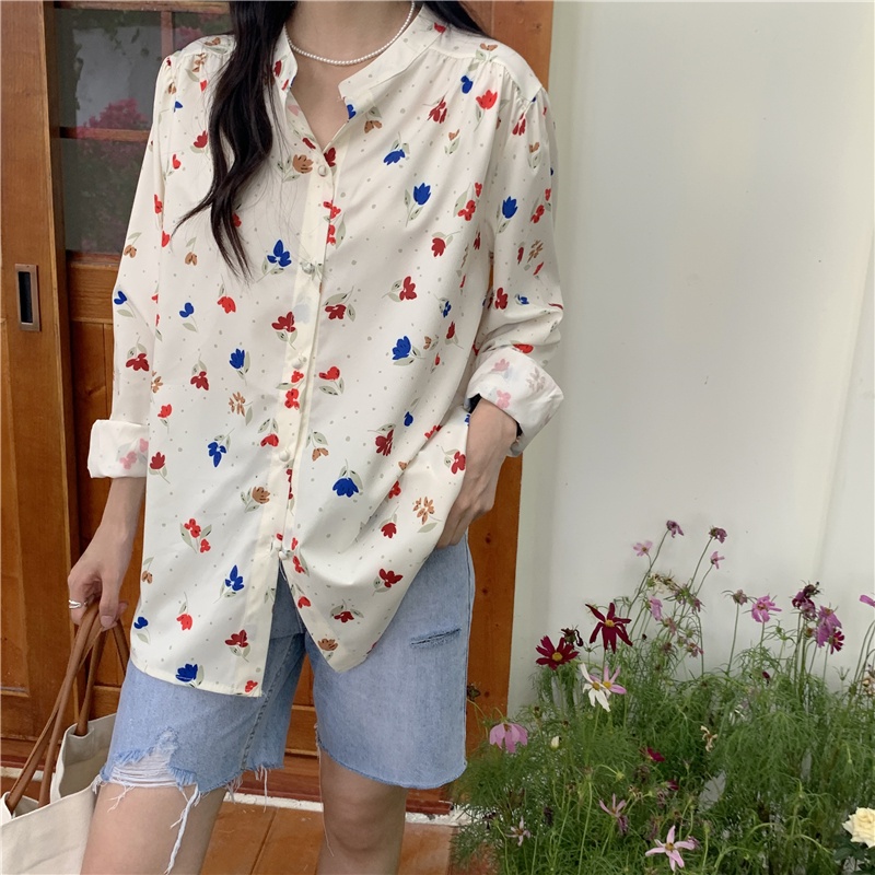 SUXI Áo Kiểu Tay Dài Hoạ Tiết Hoa Phong Cách Hàn Quốc Dành Cho Nữ