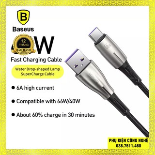 Cáp sạc nhanh báo đèn usb type-c baseus water drop-shaped lamp 66w cho huawei mate 40/p40, samsung s20+