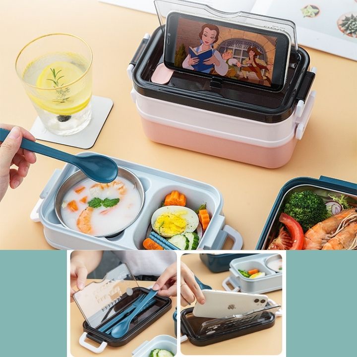 Hộp đựng cơm văn phòng giữ nhiệt 2 tầng lõi inox 304 chống rò rỉ và có kèm bộ thìa đũa