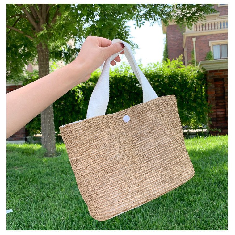 Túi Cói Đi Biển Boho Vintage Đeo Vai, Đeo Chéo Hình Vuông Chữ Nhật Dây Da Màu Trắng Đen