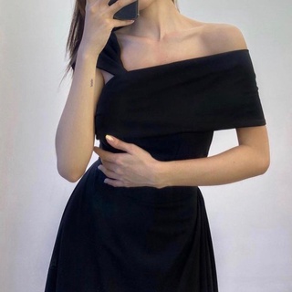 [Ảnh thật] Đầm thun midi lệch vai