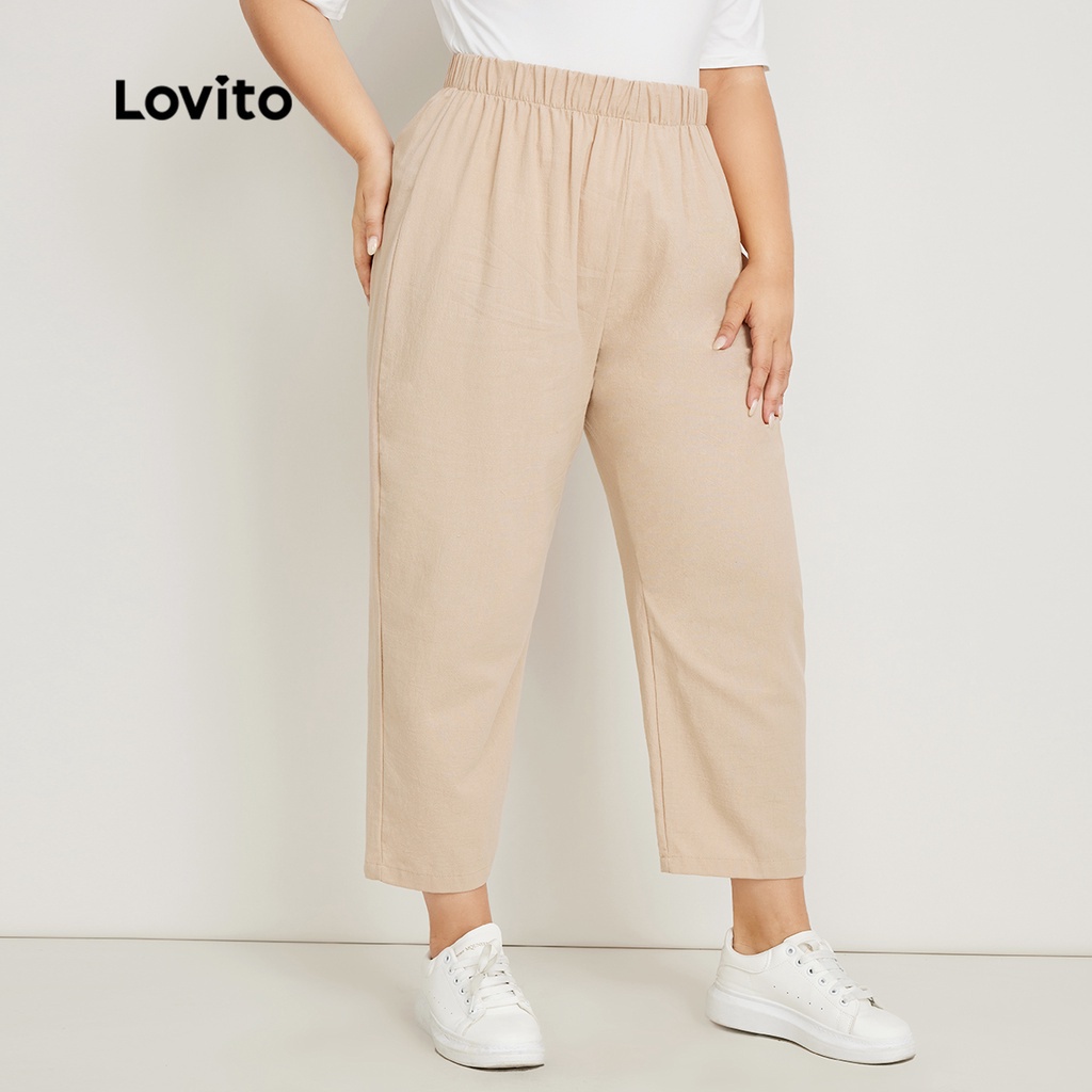 Quần dài Lovito bigsize curve Thắt lưng co giãn trơn Tao nhã LPS02064 (Kaki nhạt)