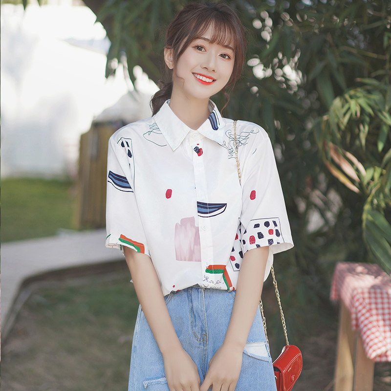 Women's White Polo Collar Printed Chiffon Blouse Loose Korean Fashion Summer Short Sleeve Shirt Tops | BigBuy360 - bigbuy360.vn