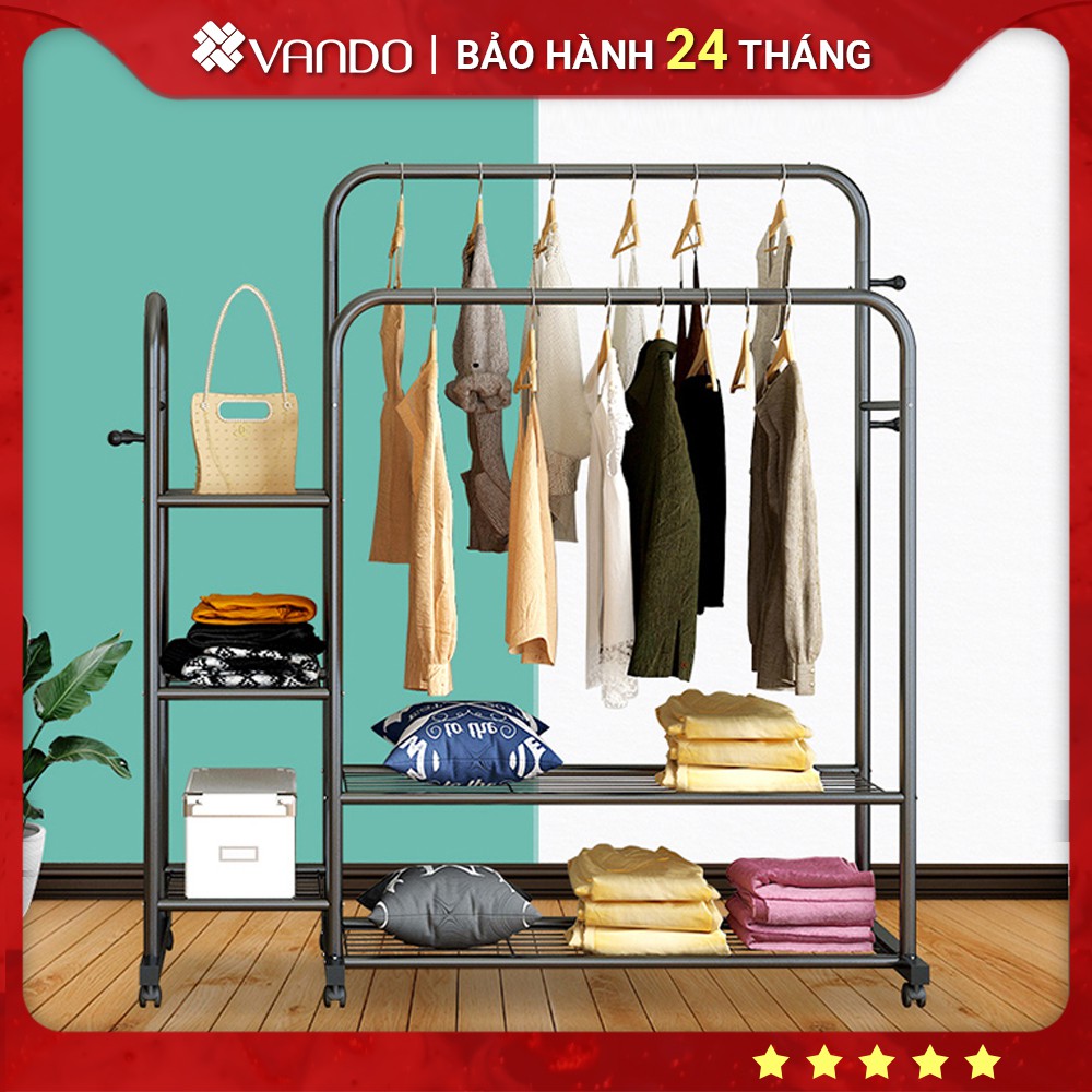 [𝐊𝐞̀𝐦 𝐛𝐚́𝐧𝐡 𝐱𝐞] Giá kệ treo quần áo 2 thanh có bánh xe, kèm theo các tầng để đồ gấp gọn | BigBuy360 - bigbuy360.vn
