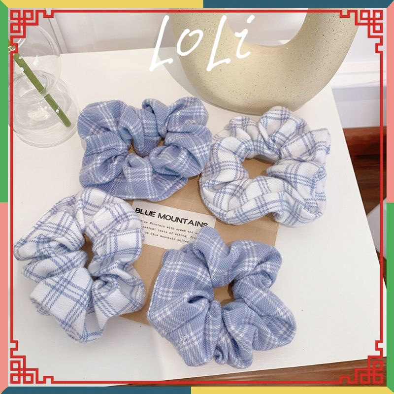 Dây buộc tóc scrunchies kẻ caro xanh xinh xắn cho nữ