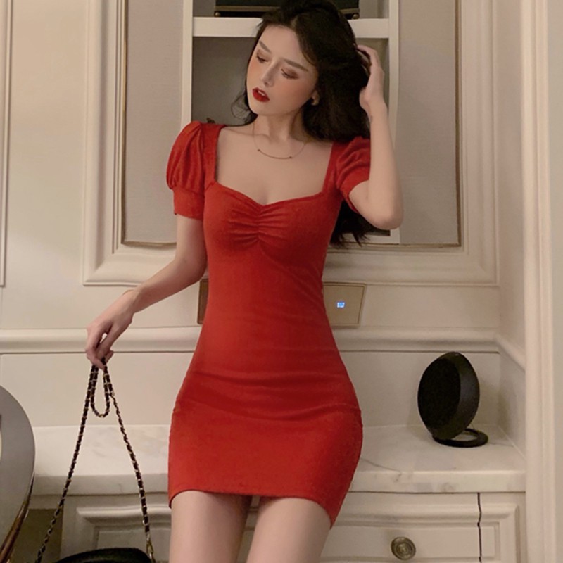 Đầm Cổ Vuông Tay Phồng Màu Trơn Ôm Dáng Quyến Rũ Cho Nữ