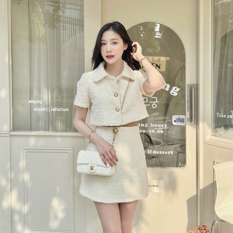 SOLEIL SET | Set Dạ Áo Croptop Cúc Ngọc Kèm Chân Váy (Ảnh thật) ELAVISTA