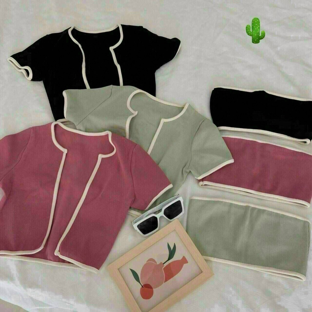 Set áo croptop tay ngắn viền màu khoác ngoài kèm áo ống trơn chất thun gân (ảnh thật)