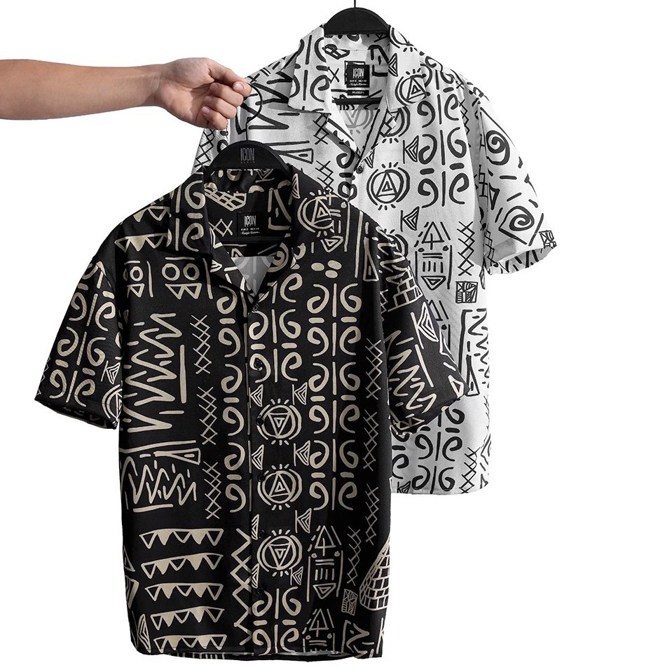 Áo Sơ Mi Nam Tay Ngắn Cổ Danton Họa tiết Biểu Tượng Tribal Doodle Vải Chun Chéo Mềm Mát ICON DENIM | BigBuy360 - bigbuy360.vn