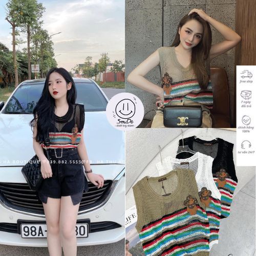 Áo Len Lưới Sát Nách Kẻ Sọc LV Tag Gấu | Smide Clothing