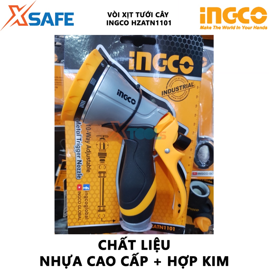 Vòi xịt tưới cây INGCO HZATN1101 Vòi xịt đa năng đầu chuyển đổi 10 chế độ phun, chất liệu TPR, ABS, hợp kim nhôm kẽm