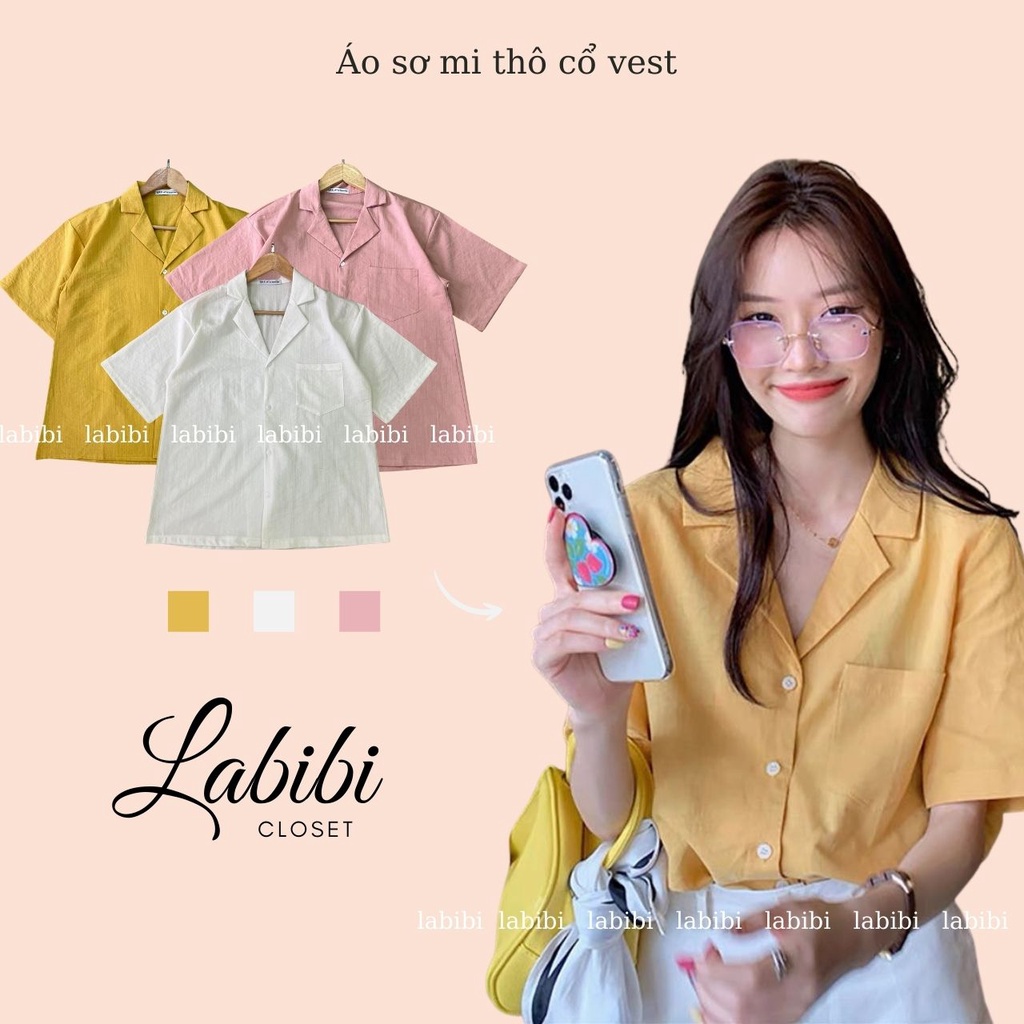 Áo Sơ Mi Thô Cổ Vest Form Rộng 3 Màu Trắng Vàng Hồng Vintage, Labibi