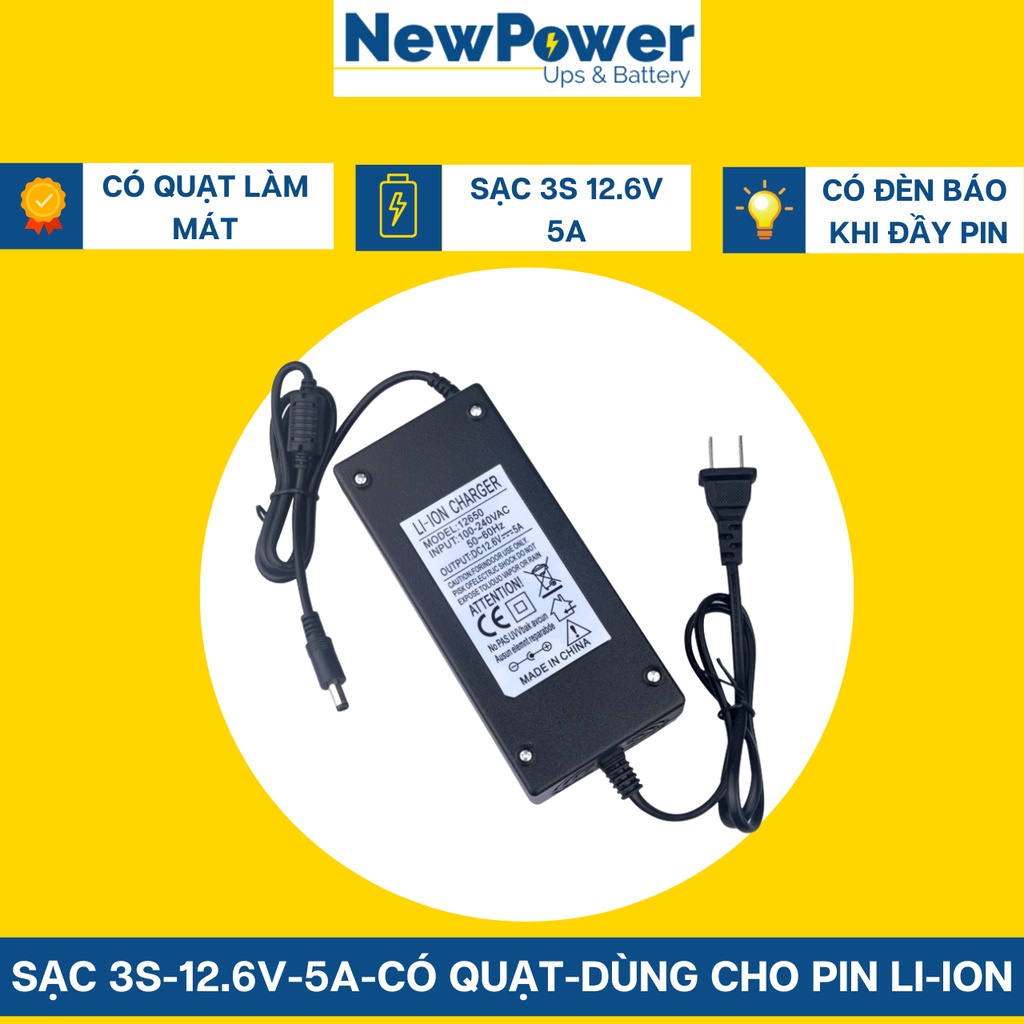 Sạc 3S 12.6V-5A dùng cho Pin Li-ion -Có Quạt- Có Đèn Báo Đầy Pin
