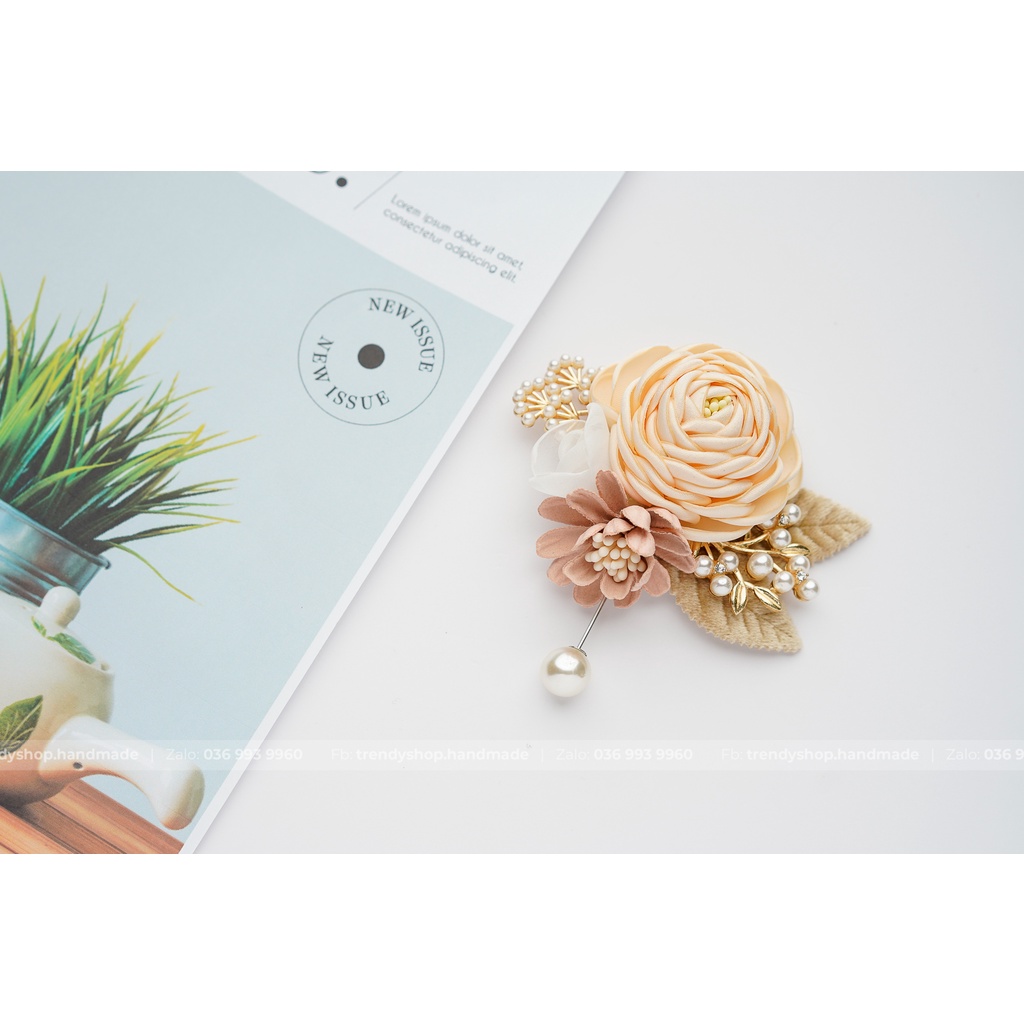 Hoa Cài Áo - Hoa trà cài áo mix hoa cúc cành trai trâm cài - Hoa vải cài áo handmade