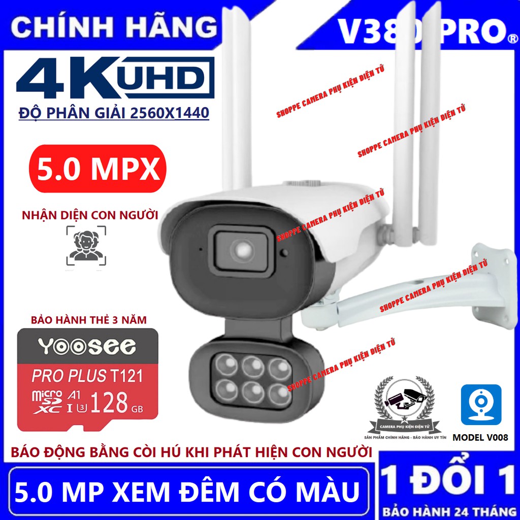 [Mã ELMS5 giảm 7% đơn 300K] Camera wifi 5Mpx 2560×1440P siêu nét chống nước đêm có màu V380Pro