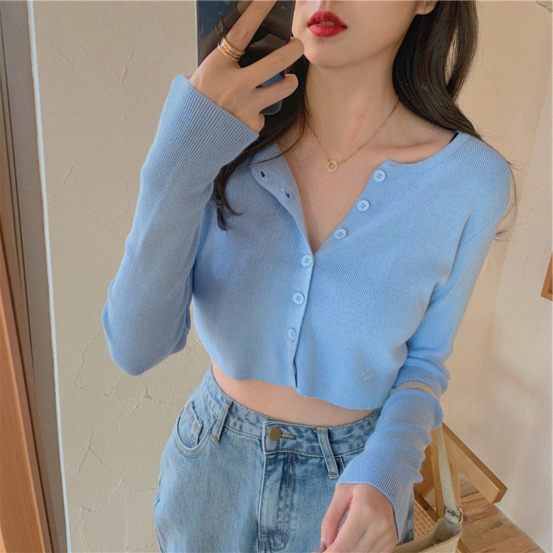 [Freeship Xtra] Áo croptop dài tay len ôm chất liệu len 7 cúc