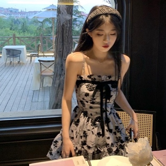 Đầm hoa hai dây ZHELIHANGFEI thắt nơ dáng ngắn thời trang quyến rũ cao cấp