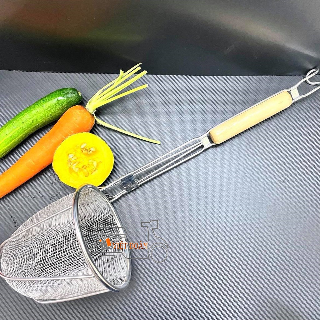 Vợt Trụng Hủ Tiếu, Mì  50cm - Sâu Lòng, INOX DÀY KHÔNG RỈ TAY CẦM GỖ CHẮC CHẮN