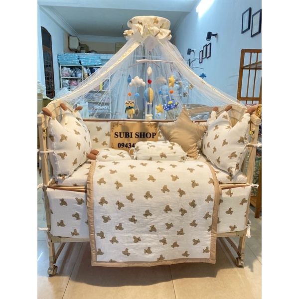 COMBO QUÂY GA GẤU HANDMADE VẢI MUSILIN ORGANIC + gối chặn theo bộ