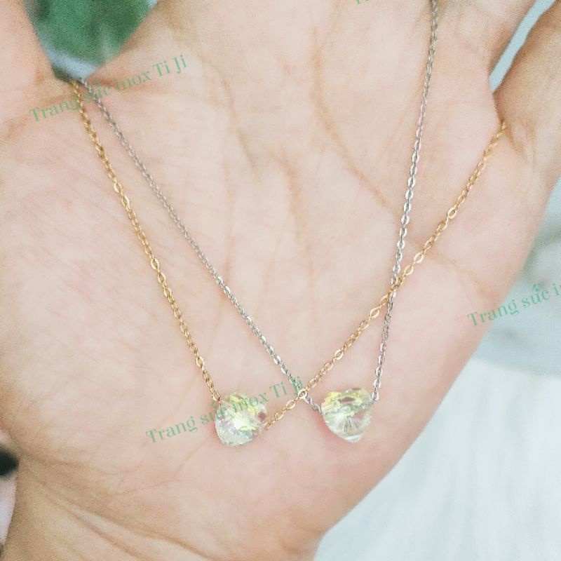 Dây chuyền nữ inox xỏ hạt pha lê trái tim - đẹp không đen, không gỉ sét