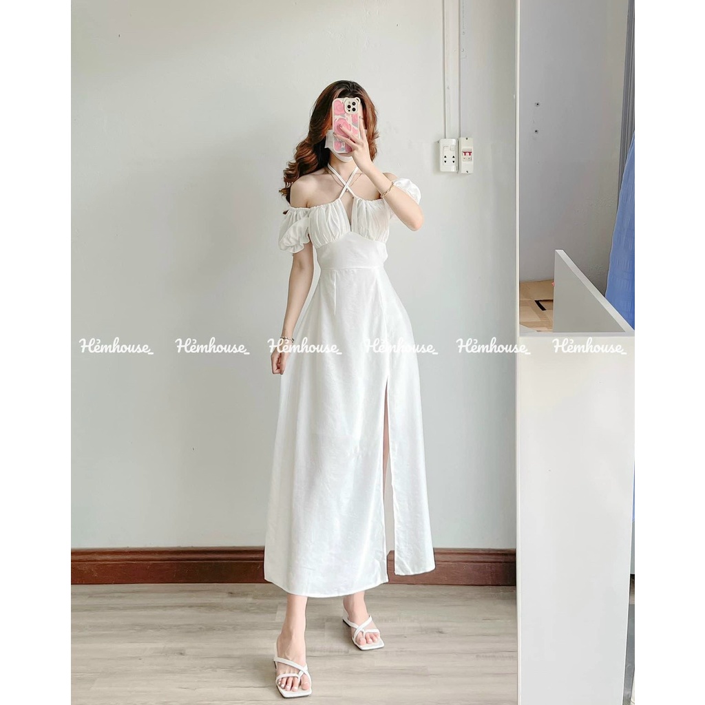 Đầm váy nữ trễ vai cổ giả yếm xếp ly ngực ôm eo xẻ tà hở lưng chất liệu lụa thời trang nữ năng động trẻ trung