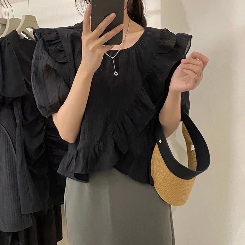 Áo Kiểu Tay Ngắn Phối Bèo Thời Trang Dành Cho Nữ