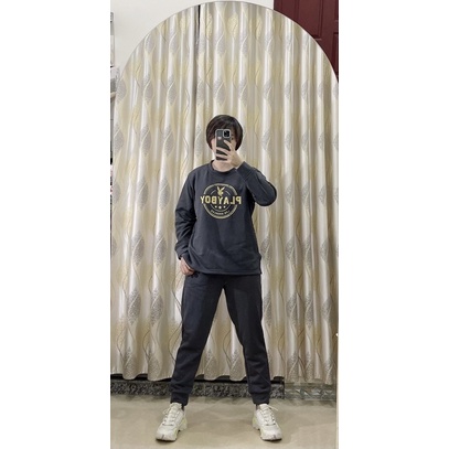 (Xuất Nhật) Bộ quần áo nữ thu đông, bộ nỉ bông in chữ play boy siêu mềm mại, ấm áp clarachip