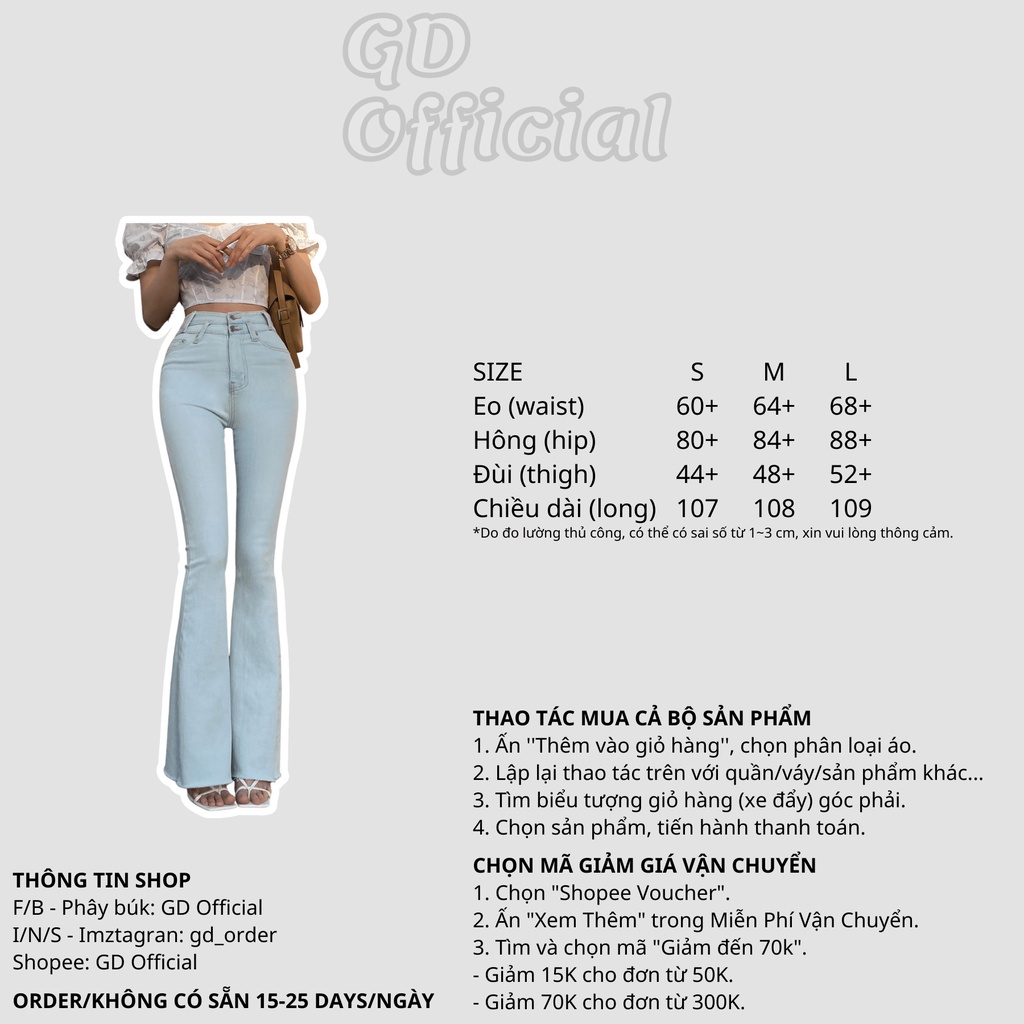 Q23|Quần jeans bò nữ cổ điển ôm body eo 2 nút cài ống loe màu trắng GD Official