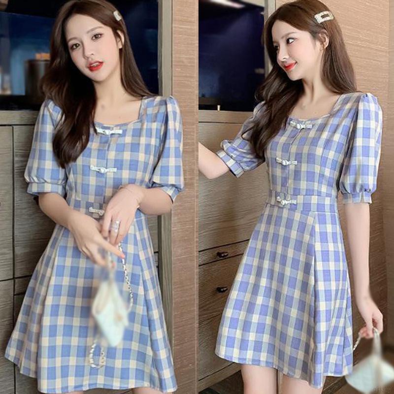 Đầm Chữ A Tay Ngắn Phồng Cổ Vuông Họa Tiết Sọc Caro Phong Cách Retro Pháp Cho Nữ