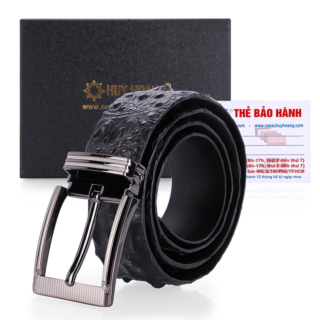 Dây nịt nam da cá sấu Huy Hoàng gai lưng đầu kim 4P màu đen HP4709